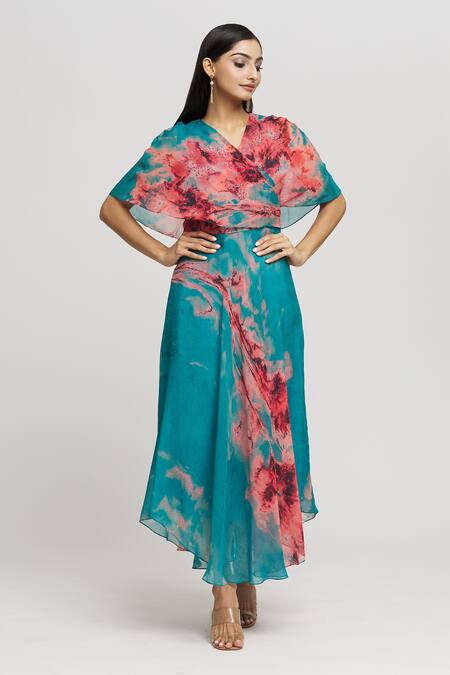 Whimsical By Shica_Blue Organza, Satin Crystals V-neck Abstract Brush Stroke Pattern Dress _Online_at_Aza_Fashions