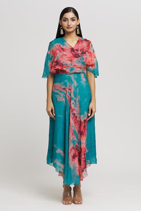 Buy_Whimsical By Shica_Blue Organza, Satin Crystals V-neck Abstract Brush Stroke Pattern Dress _Online_at_Aza_Fashions