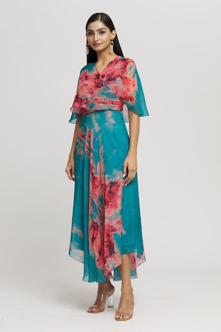 Shop_Whimsical By Shica_Blue Organza, Satin Crystals V-neck Abstract Brush Stroke Pattern Dress _Online_at_Aza_Fashions