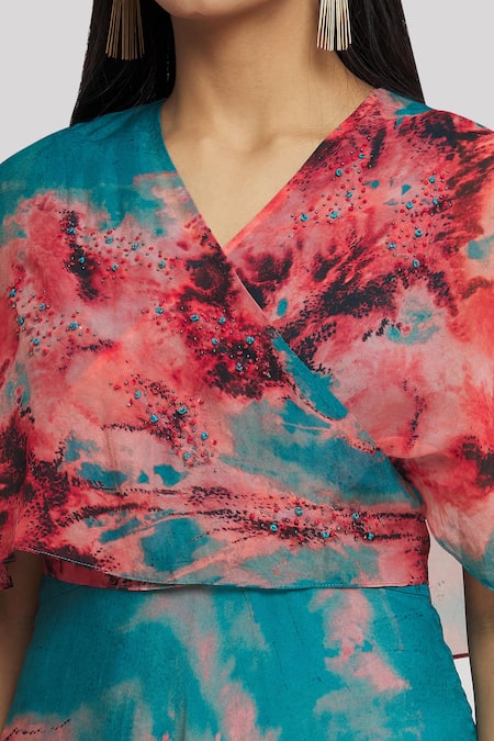 Whimsical By Shica_Blue Organza, Satin Crystals V-neck Abstract Brush Stroke Pattern Dress _at_Aza_Fashions