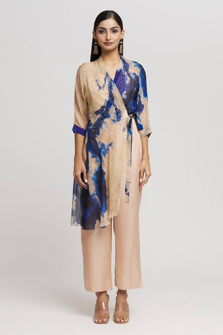 Whimsical By Shica_Peach Organza Sequins V-neck Tie Dye Embroidered Flap Jumpsuit _Online_at_Aza_Fashions