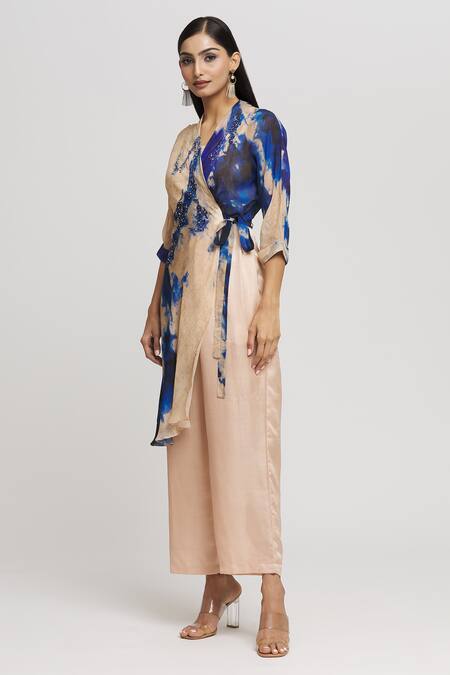 Buy_Whimsical By Shica_Peach Organza Sequins V-neck Tie Dye Embroidered Flap Jumpsuit _Online_at_Aza_Fashions