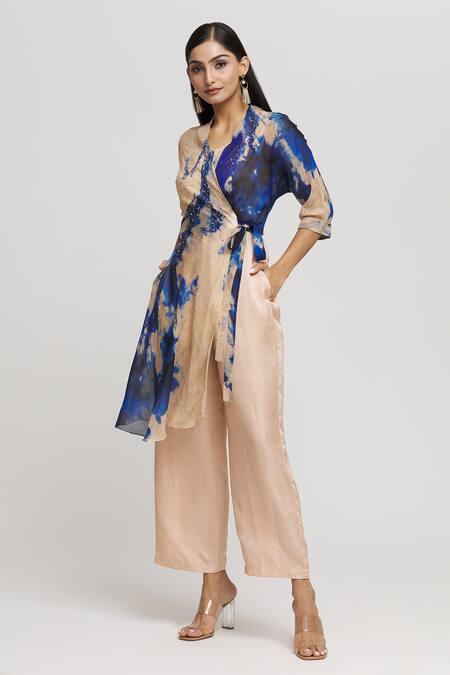 Shop_Whimsical By Shica_Peach Organza Sequins V-neck Tie Dye Embroidered Flap Jumpsuit _Online_at_Aza_Fashions