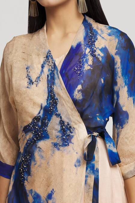 Whimsical By Shica_Peach Organza Sequins V-neck Tie Dye Embroidered Flap Jumpsuit _at_Aza_Fashions