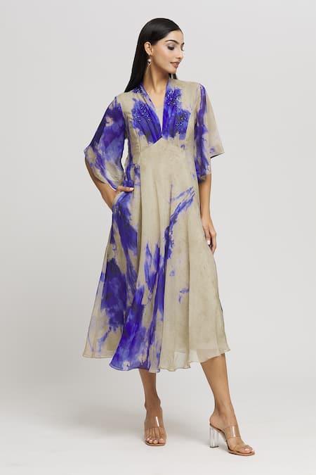 Whimsical By Shica Grey Organza Embroidery Tie Dye V Neck Draped Dress 