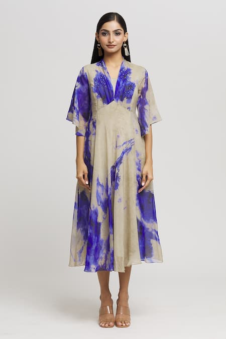 Whimsical By Shica_Grey Organza Beads, Embroidery V-neck Tie Dye Draped Dress _Online_at_Aza_Fashions