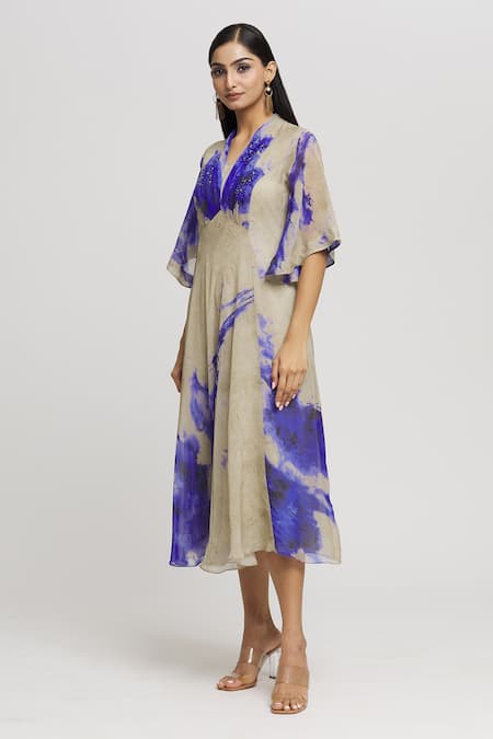 Buy_Whimsical By Shica_Grey Organza Beads, Embroidery V-neck Tie Dye Draped Dress _Online_at_Aza_Fashions