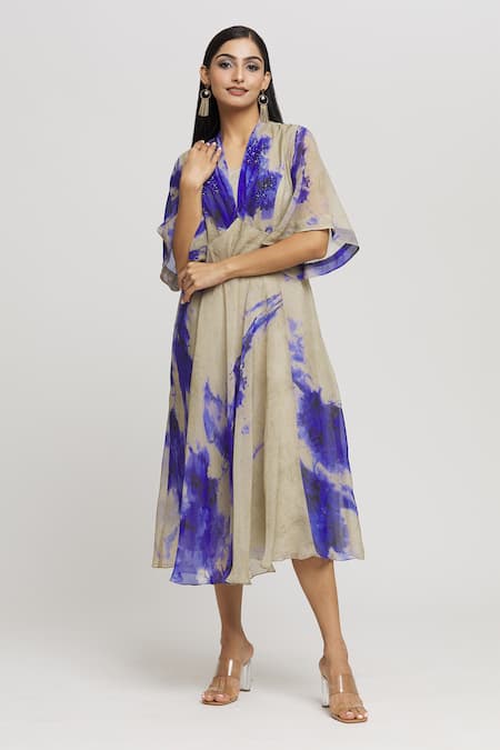 Shop_Whimsical By Shica_Grey Organza Beads, Embroidery V-neck Tie Dye Draped Dress _Online_at_Aza_Fashions