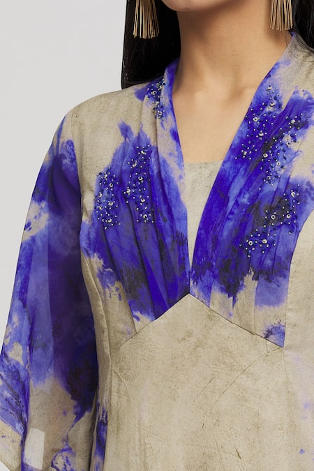 Whimsical By Shica_Grey Organza Beads, Embroidery V-neck Tie Dye Draped Dress _at_Aza_Fashions