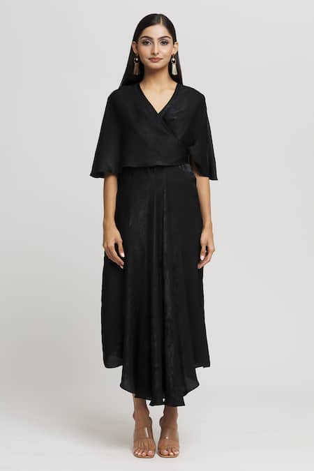 Whimsical By Shica_Black Velvet V-neck Cape Sleeve Dress _Online_at_Aza_Fashions