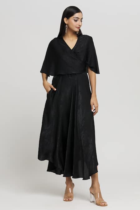 Shop_Whimsical By Shica_Black Velvet V-neck Cape Sleeve Dress _Online_at_Aza_Fashions