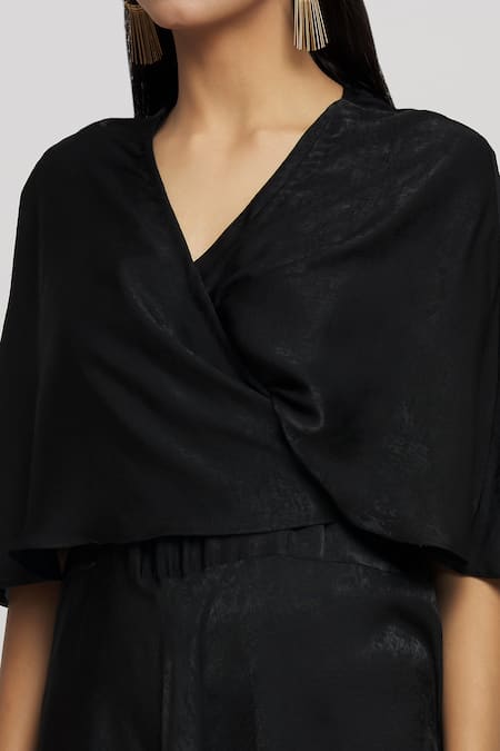 Whimsical By Shica_Black Velvet V-neck Cape Sleeve Dress _at_Aza_Fashions