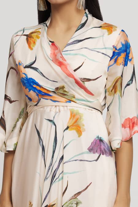 Buy_Whimsical By Shica_White Organza, Satin V-neck Flower Print Dress _Online_at_Aza_Fashions