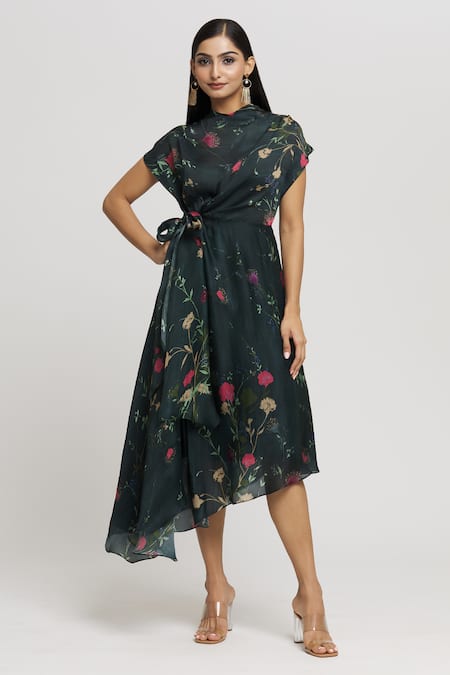 Whimsical By Shica Blue Organza Satin Printed Floral Round High Neck Cowl Dress 