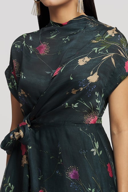 Whimsical By Shica_Blue Organza, Satin Round Neck Floral Print Cowl Dress _Online_at_Aza_Fashions