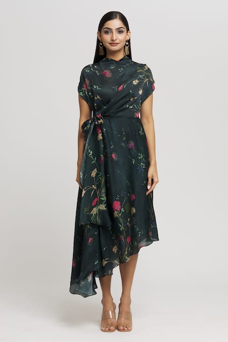 Buy_Whimsical By Shica_Blue Organza, Satin Round Neck Floral Print Cowl Dress _Online_at_Aza_Fashions