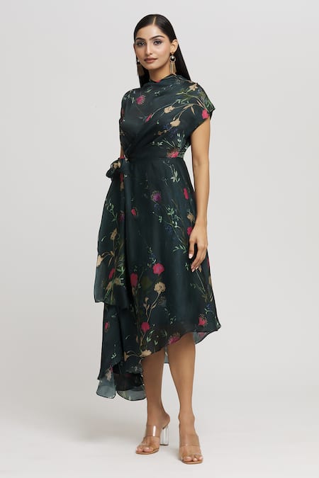 Shop_Whimsical By Shica_Blue Organza, Satin Round Neck Floral Print Cowl Dress _Online_at_Aza_Fashions