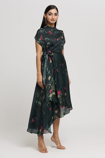 Whimsical By Shica_Blue Organza, Satin Round Neck Floral Print Cowl Dress _at_Aza_Fashions