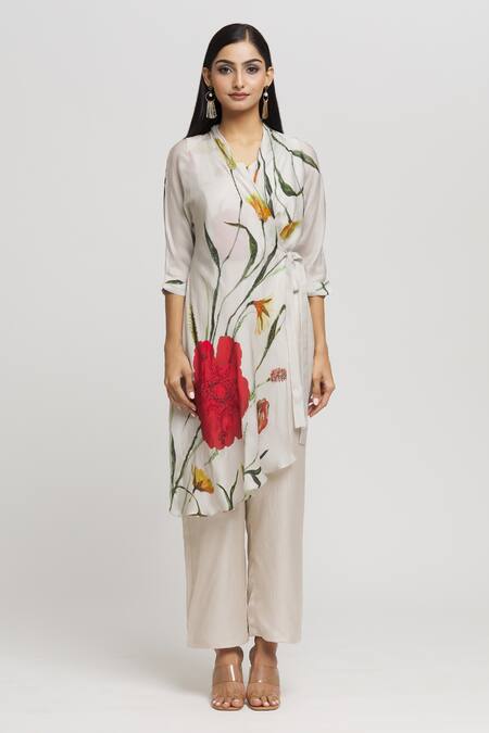 Whimsical By Shica_Grey Organza, Satin Beads V-neck Printed Front Flap Jumpsuit _Online_at_Aza_Fashions