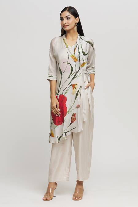 Buy_Whimsical By Shica_Grey Organza, Satin Beads V-neck Printed Front Flap Jumpsuit _Online_at_Aza_Fashions