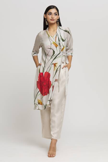 Shop_Whimsical By Shica_Grey Organza, Satin Beads V-neck Printed Front Flap Jumpsuit _Online_at_Aza_Fashions