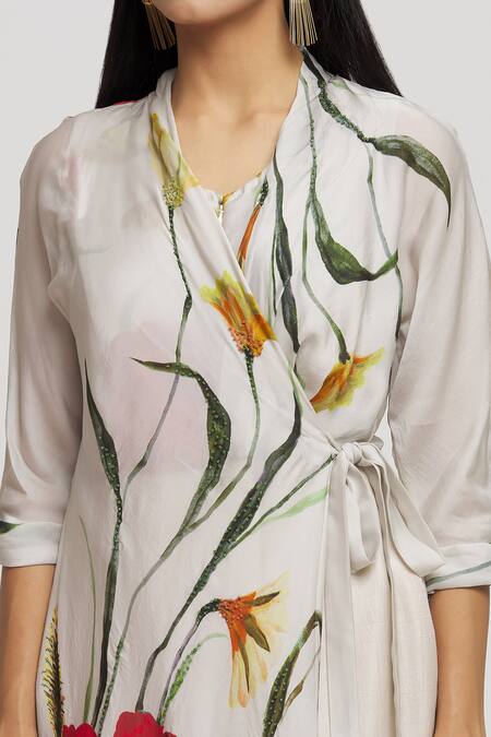 Whimsical By Shica_Grey Organza, Satin Beads V-neck Printed Front Flap Jumpsuit _at_Aza_Fashions