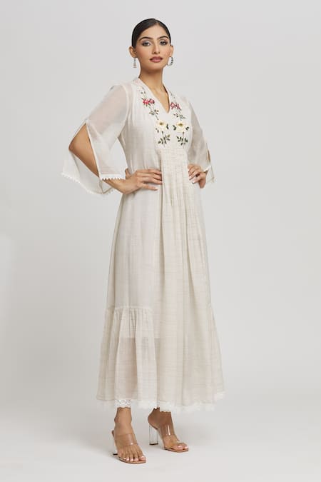 Shop_Whimsical By Shica_Ivory Cotton, Silk Embroidery V-neck Floral Pattern Bodice Dress _Online_at_Aza_Fashions