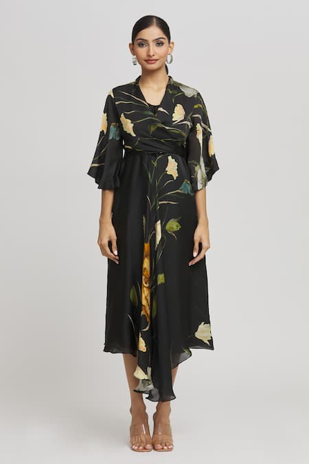 Whimsical By Shica_Black Organza, Satin V-neck Botanical Print Dress _Online_at_Aza_Fashions