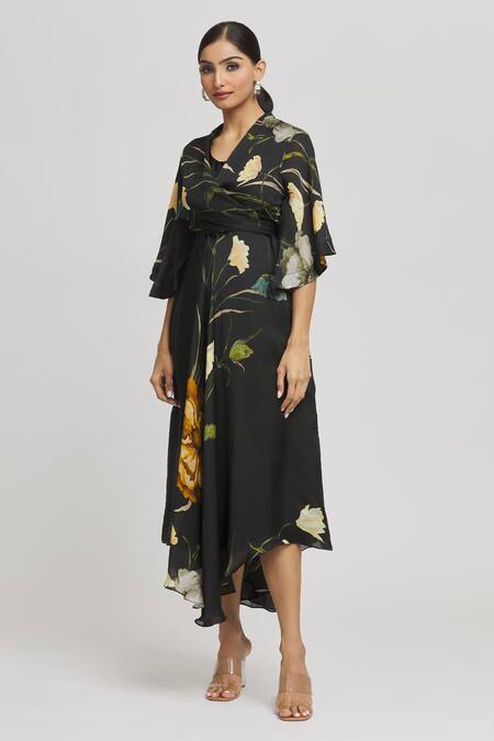 Shop_Whimsical By Shica_Black Organza, Satin V-neck Botanical Print Dress _Online_at_Aza_Fashions