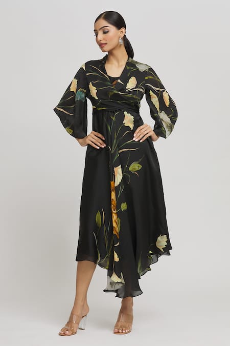 Buy_Whimsical By Shica_Black Organza, Satin V-neck Botanical Print Dress _Online_at_Aza_Fashions