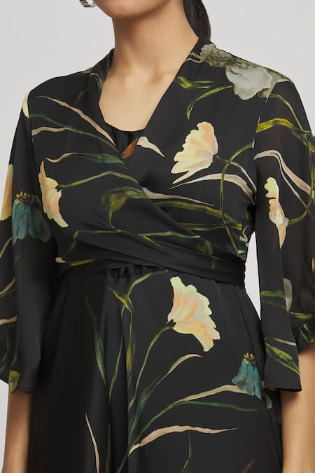 Whimsical By Shica_Black Organza, Satin V-neck Botanical Print Dress _at_Aza_Fashions