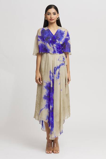 Whimsical By Shica_Grey Organza Crystals V-neck Dual Tone Abstract Pattern Dress _Online_at_Aza_Fashions