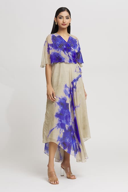 Buy_Whimsical By Shica_Grey Organza Crystals V-neck Dual Tone Abstract Pattern Dress _Online_at_Aza_Fashions