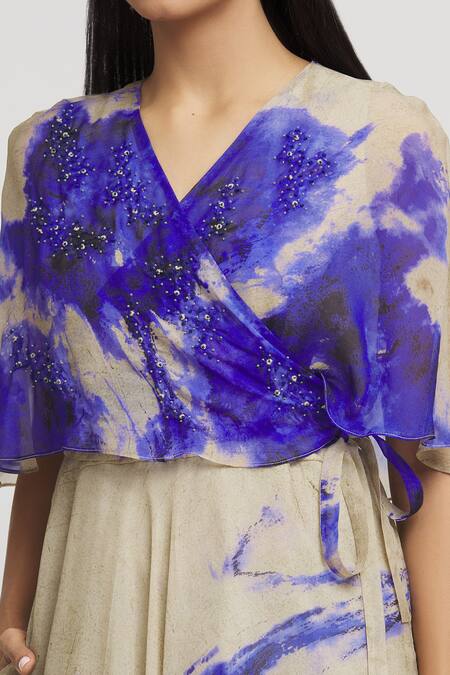 Whimsical By Shica_Grey Organza Crystals V-neck Dual Tone Abstract Pattern Dress _at_Aza_Fashions