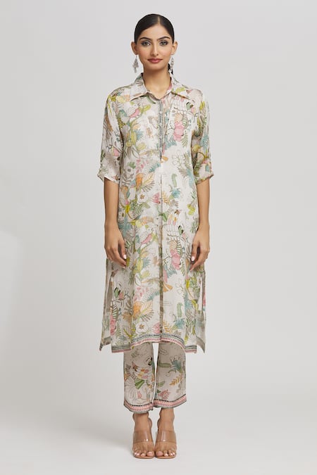 Whimsical By Shica White Organza, Satin Collared Floral Print Tunic Online at Aza Fashions Whimsical By Shica_White Organza, Satin Collared Floral Print Tunic _Online_at_Aza_Fashions