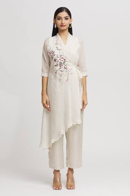 Whimsical By Shica_Ivory Cotton, Silk Embroidery V-neck Stripe Woven Jumpsuit _Online_at_Aza_Fashions