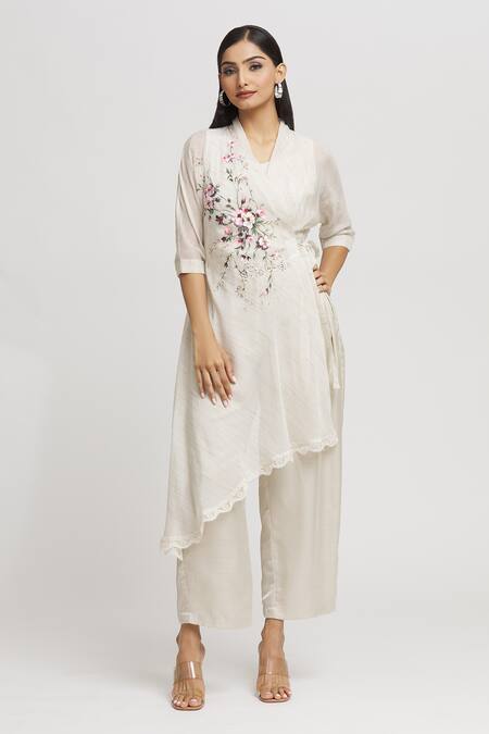 Buy_Whimsical By Shica_Ivory Cotton, Silk Embroidery V-neck Stripe Woven Jumpsuit _Online_at_Aza_Fashions