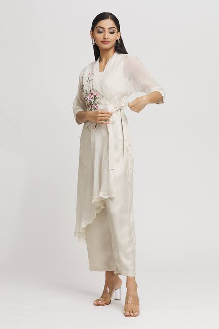 Shop_Whimsical By Shica_Ivory Cotton, Silk Embroidery V-neck Stripe Woven Jumpsuit _Online_at_Aza_Fashions