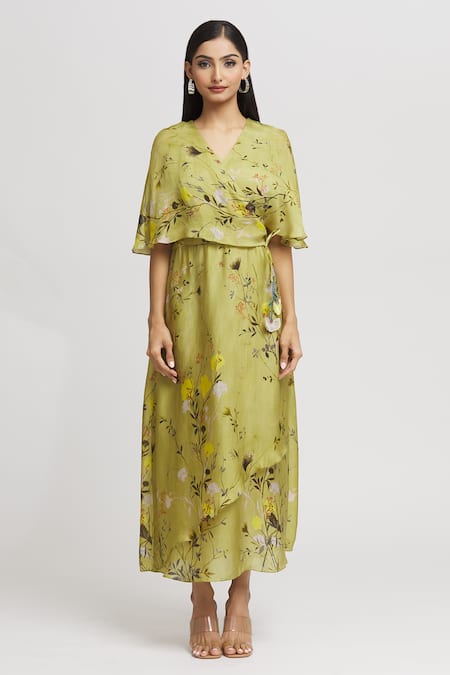 Whimsical By Shica Yellow Organza, Satin Tassels V-neck Floral Print Cape Dress Online at Aza Fashions Whimsical By Shica_Yellow Organza, Satin Tassels V-neck Floral Print Cape Dress _Online_at_Aza_Fashions