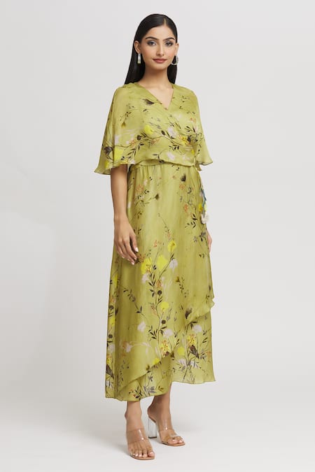 Buy Whimsical By Shica Yellow Organza, Satin Tassels V-neck Floral Print Cape Dress Online at Aza Fashions Buy_Whimsical By Shica_Yellow Organza, Satin Tassels V-neck Floral Print Cape Dress _Online_at_Aza_Fashions