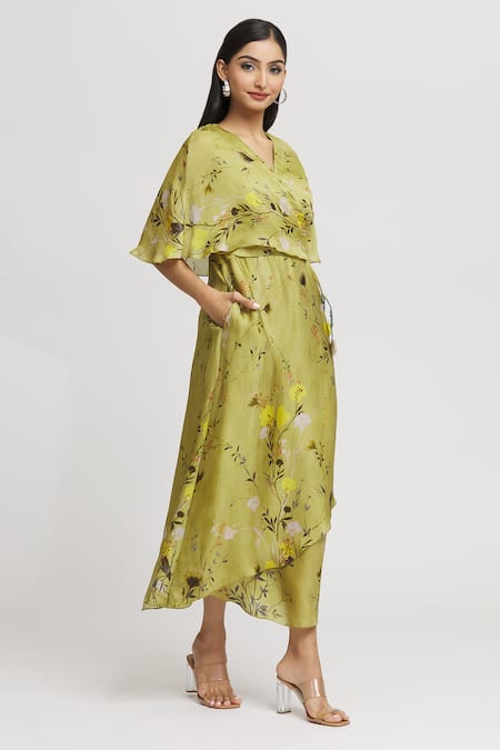 Shop Whimsical By Shica Yellow Organza, Satin Tassels V-neck Floral Print Cape Dress Online at Aza Fashions Shop_Whimsical By Shica_Yellow Organza, Satin Tassels V-neck Floral Print Cape Dress _Online_at_Aza_Fashions
