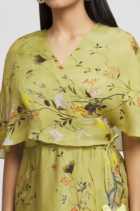 Whimsical By Shica Yellow Organza, Satin Tassels V-neck Floral Print Cape Dress at Aza Fashions Whimsical By Shica_Yellow Organza, Satin Tassels V-neck Floral Print Cape Dress _at_Aza_Fashions