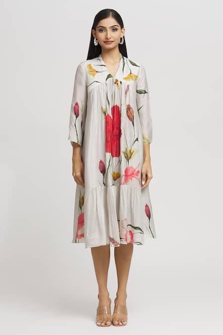 Whimsical By Shica_Grey Organza, Satin V-neck Garden Print Dress _Online_at_Aza_Fashions