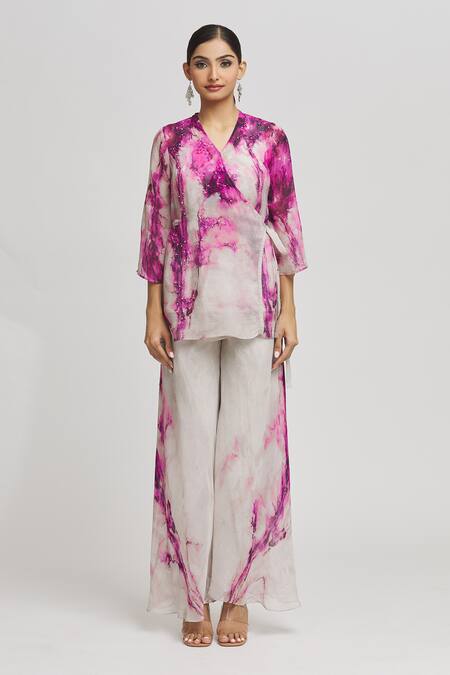 Buy Whimsical By Shica Grey Organza Crystals V-neck Two Tone Long Top With Pant Online at Aza Fashions Buy_Whimsical By Shica_Grey Organza Crystals V-neck Two Tone Long Top With Pant _Online_at_Aza_Fashions