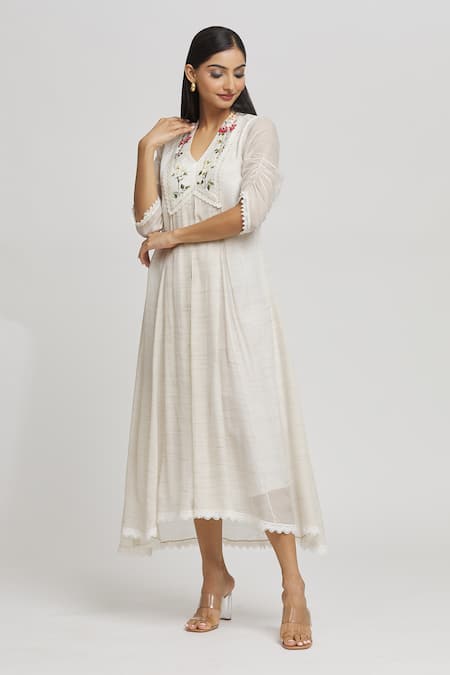 Shop_Whimsical By Shica_Ivory Cotton, Silk Embroidery V-neck Stripe Woven Dress _Online_at_Aza_Fashions