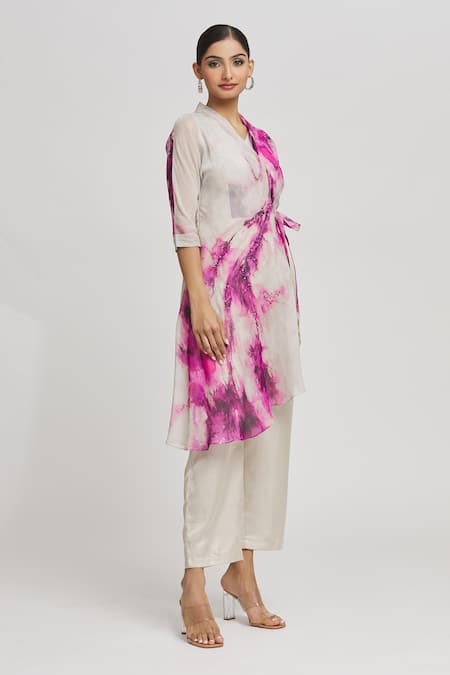 Buy_Whimsical By Shica_Grey Organza Crystals V-neck Abstract Pattern Draped Jumpsuit _Online_at_Aza_Fashions