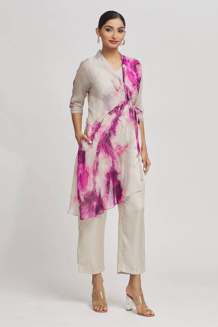 Shop_Whimsical By Shica_Grey Organza Crystals V-neck Abstract Pattern Draped Jumpsuit _Online_at_Aza_Fashions
