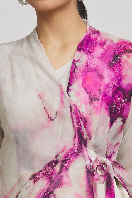 Whimsical By Shica_Grey Organza Crystals V-neck Abstract Pattern Draped Jumpsuit _at_Aza_Fashions