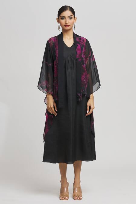 Buy_Whimsical By Shica_Black Organza Beads, Embroidery V-, Open Dress With Tie Dye Jacket _Online_at_Aza_Fashions