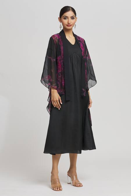 Shop_Whimsical By Shica_Black Organza Beads, Embroidery V-, Open Dress With Tie Dye Jacket _Online_at_Aza_Fashions
